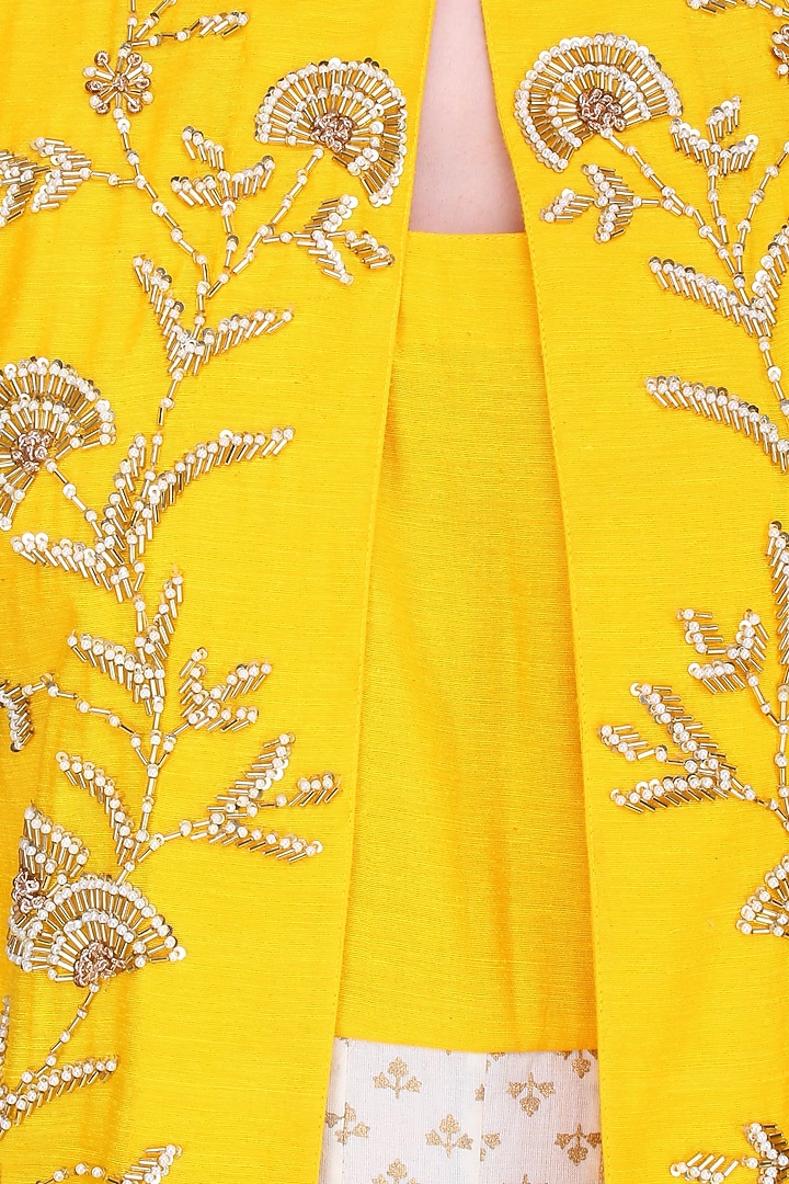 Off white and yellow printed kurta set with embroidered jacket available only at Pernia's Pop Up Shop.
