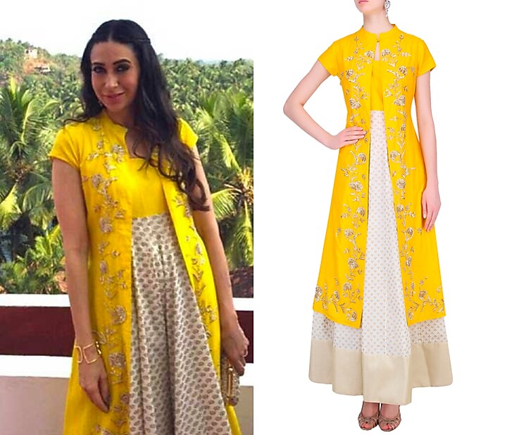 Off white and yellow printed kurta set with embroidered jacket available only at Pernia's Pop Up Shop.