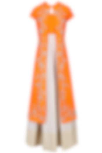 Off white and light orange printed kurta set with embroidered jacket available only at Pernia's Pop Up Shop.