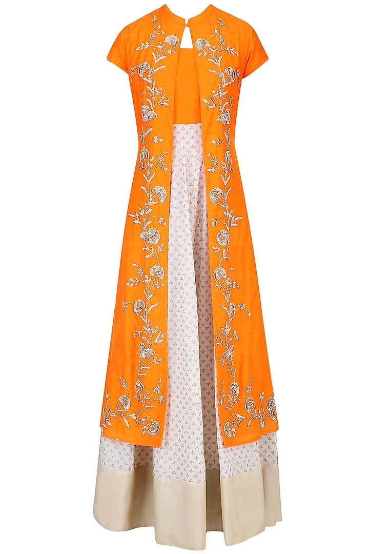 Off White and Light Orange Printed Kurta Set with Embroidered Jacket by Vasavi Shah