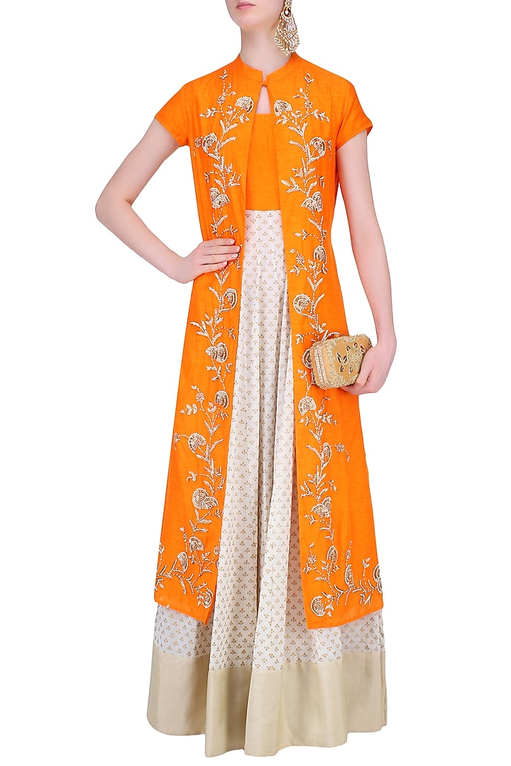 Off white and light orange printed kurta set with embroidered jacket available only at Pernia's Pop Up Shop.