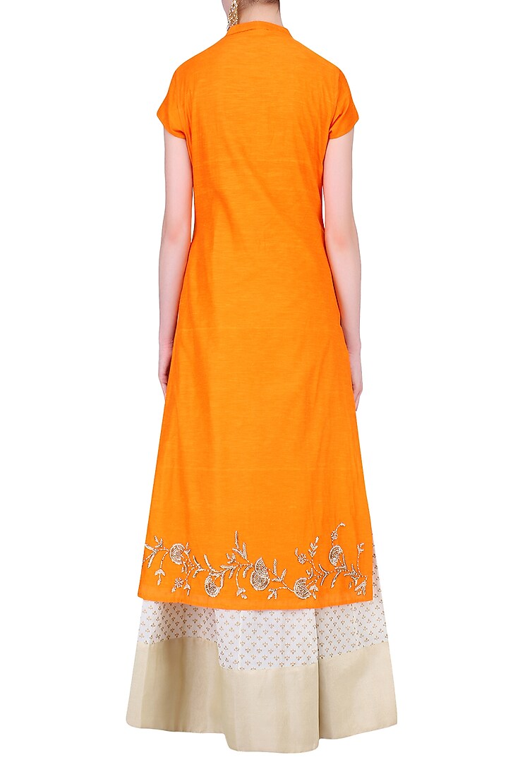 Off white and light orange printed kurta set with embroidered jacket available only at Pernia's Pop Up Shop.