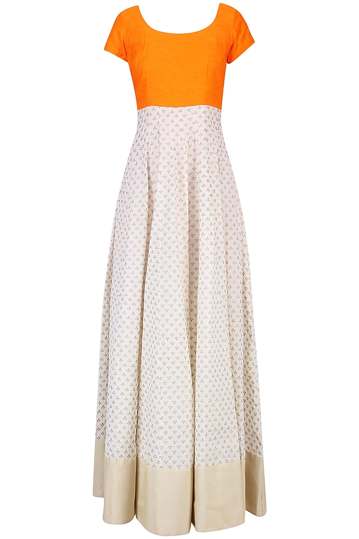 Off white and light orange printed kurta set with embroidered jacket available only at Pernia's Pop Up Shop.