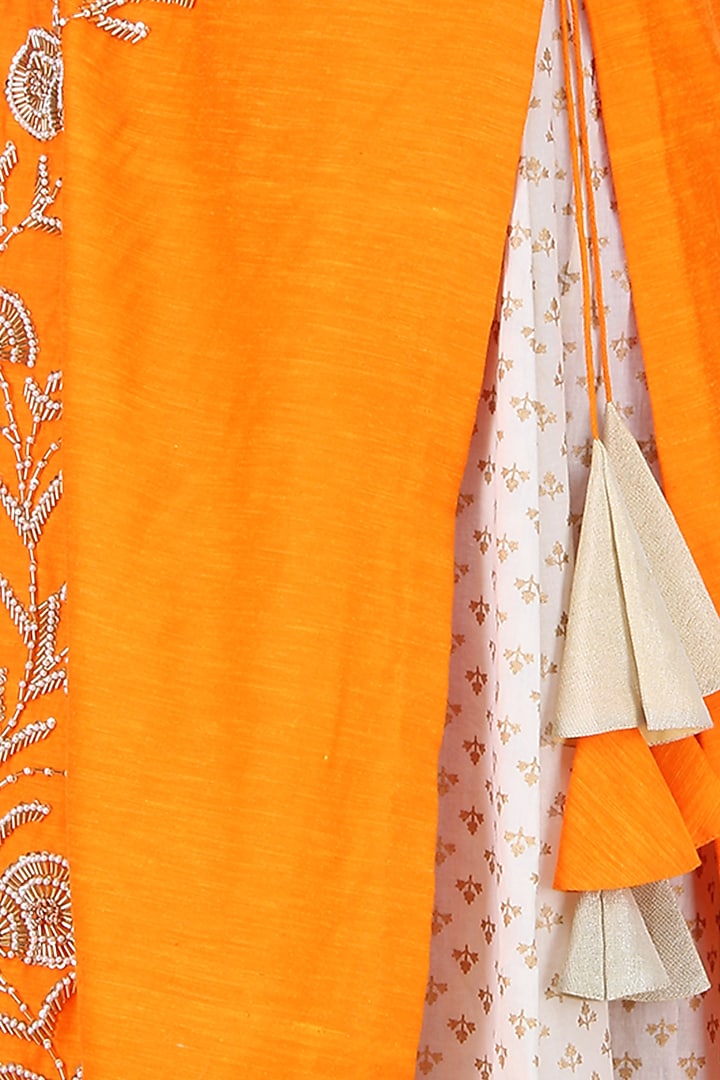 Off white and light orange printed kurta set with embroidered jacket available only at Pernia's Pop Up Shop.