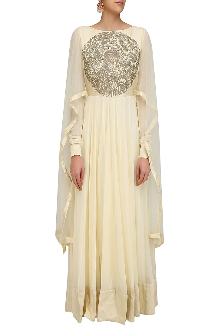 Off white embroidered kalidaar kurta with drape sleeves available only at Pernia's Pop Up Shop.