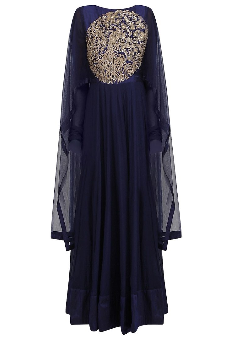 Navy blue embroidered kalidaar kurta with drape sleeves available only at Pernia's Pop Up Shop.