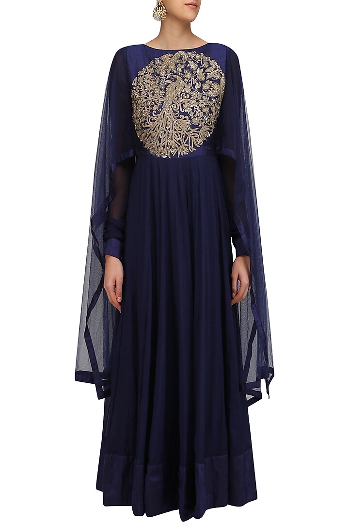 Navy blue embroidered kalidaar kurta with drape sleeves available only at Pernia's Pop Up Shop.