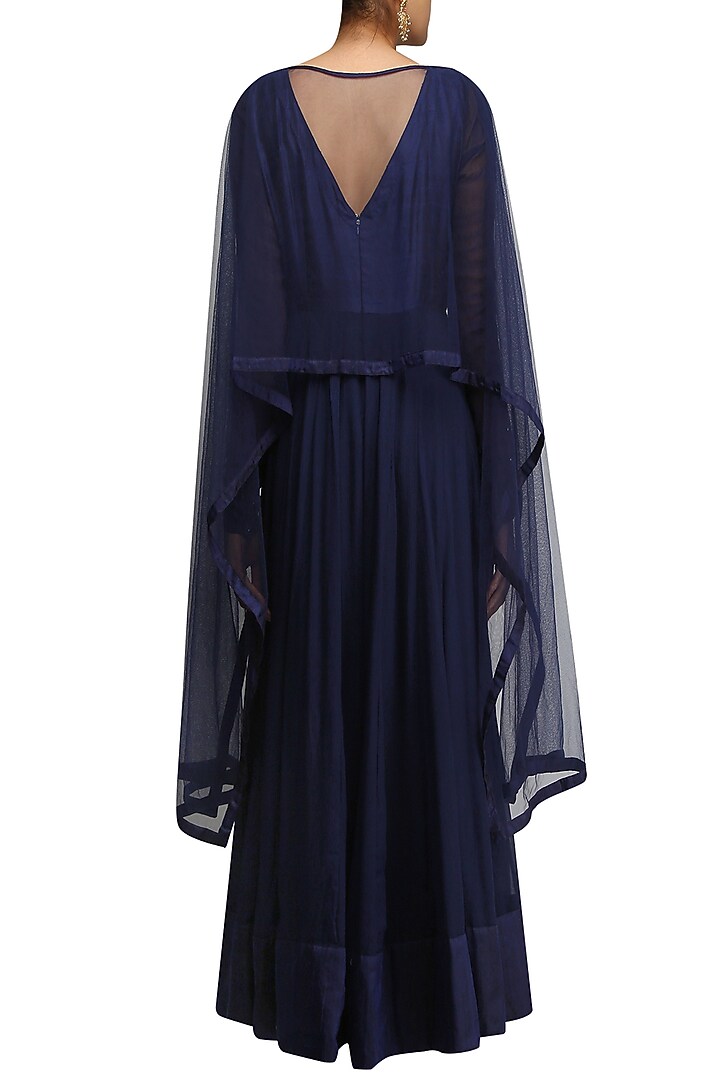 Navy blue embroidered kalidaar kurta with drape sleeves available only at Pernia's Pop Up Shop.
