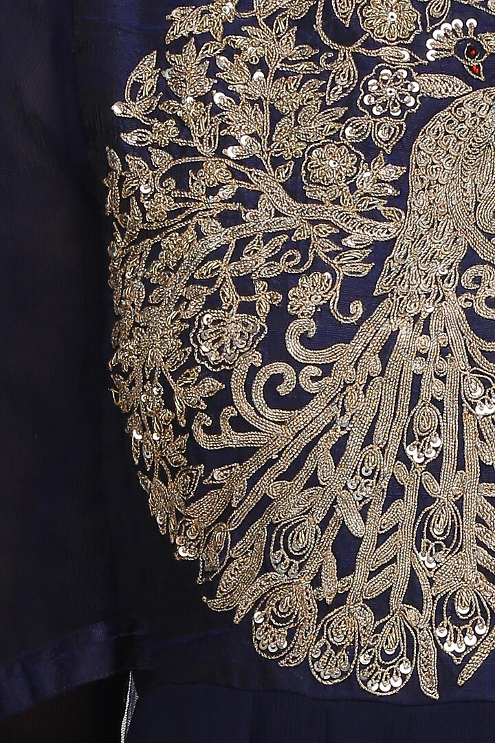Navy blue embroidered kalidaar kurta with drape sleeves available only at Pernia's Pop Up Shop.