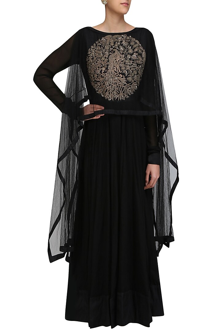 Black embroidered kalidaar kurta with drape sleeves available only at Pernia's Pop Up Shop.