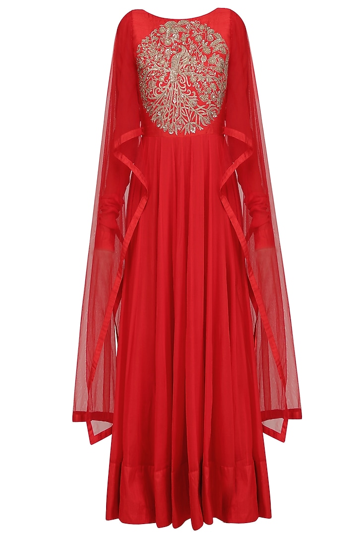 Red embroidered kalidaar kurta with drape sleeves available only at Pernia's Pop Up Shop.