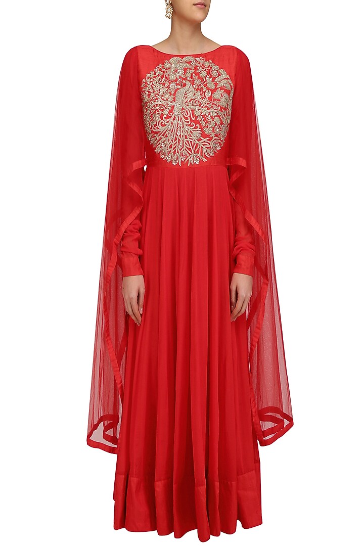 Red embroidered kalidaar kurta with drape sleeves available only at Pernia's Pop Up Shop.