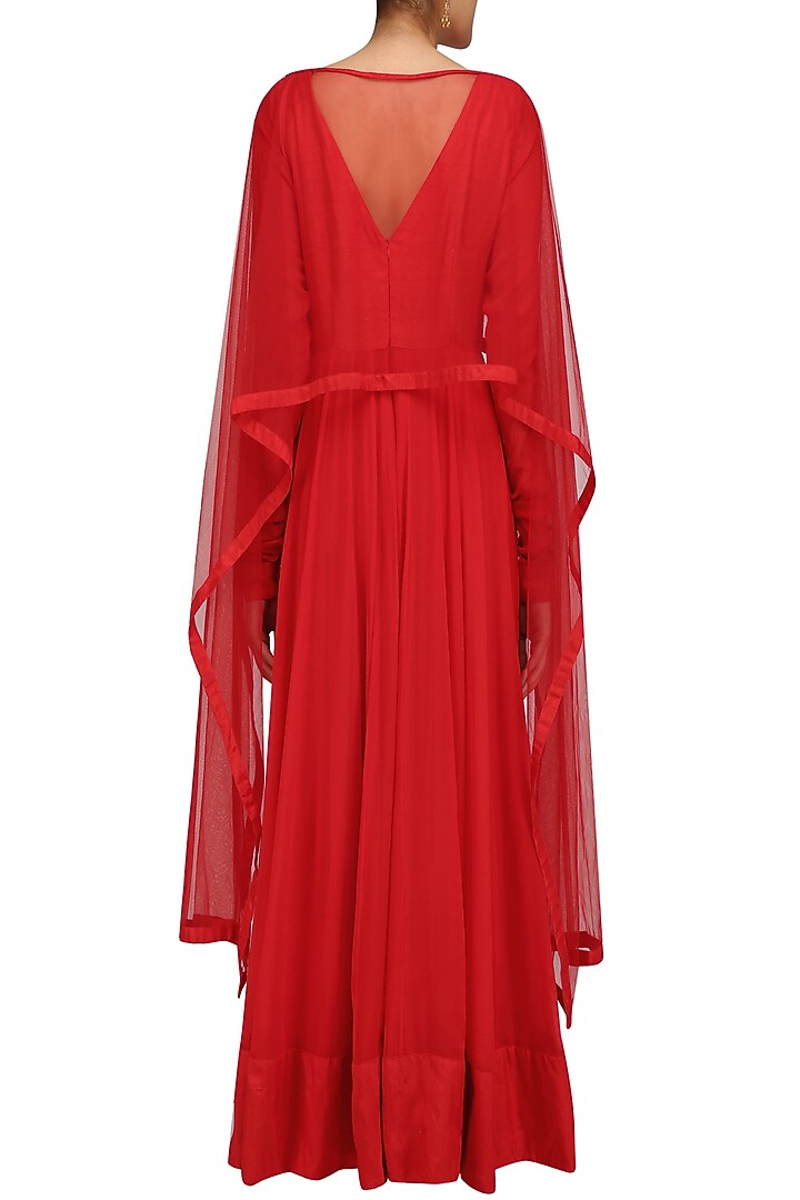 Red embroidered kalidaar kurta with drape sleeves available only at Pernia's Pop Up Shop.