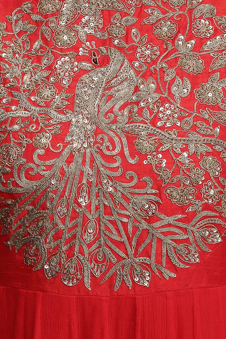 Red embroidered kalidaar kurta with drape sleeves available only at Pernia's Pop Up Shop.