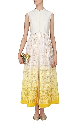 Off White To Yellow Chikankari Jacket Tunic and Pants Set by Vasavi Shah