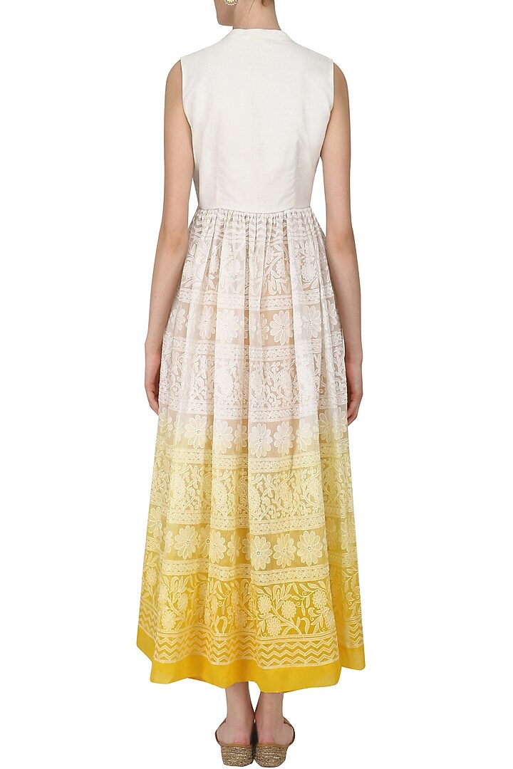 Off white to yellow chikankari jacket tunic and pants set available only at Pernia's Pop Up Shop.
