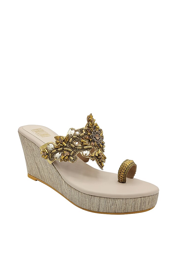 Cream & Gold Embroidered Textured Heel Sandals by Veruschka By Payal Kothari at Pernia's Pop Up Shop