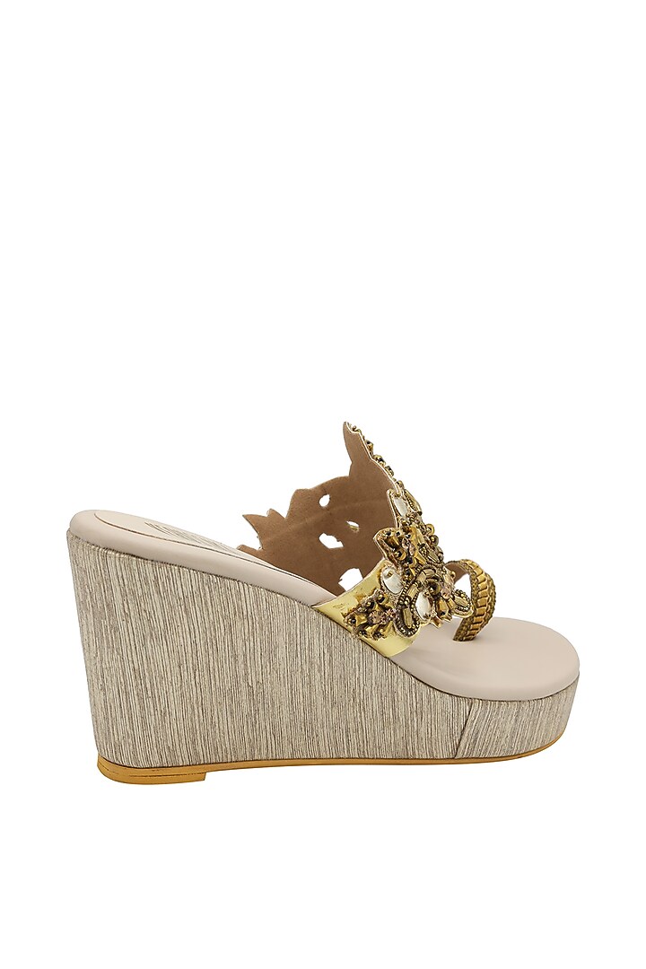 Cream & Gold Embroidered Textured Heel Sandals by Veruschka By Payal Kothari at Pernia's Pop Up Shop