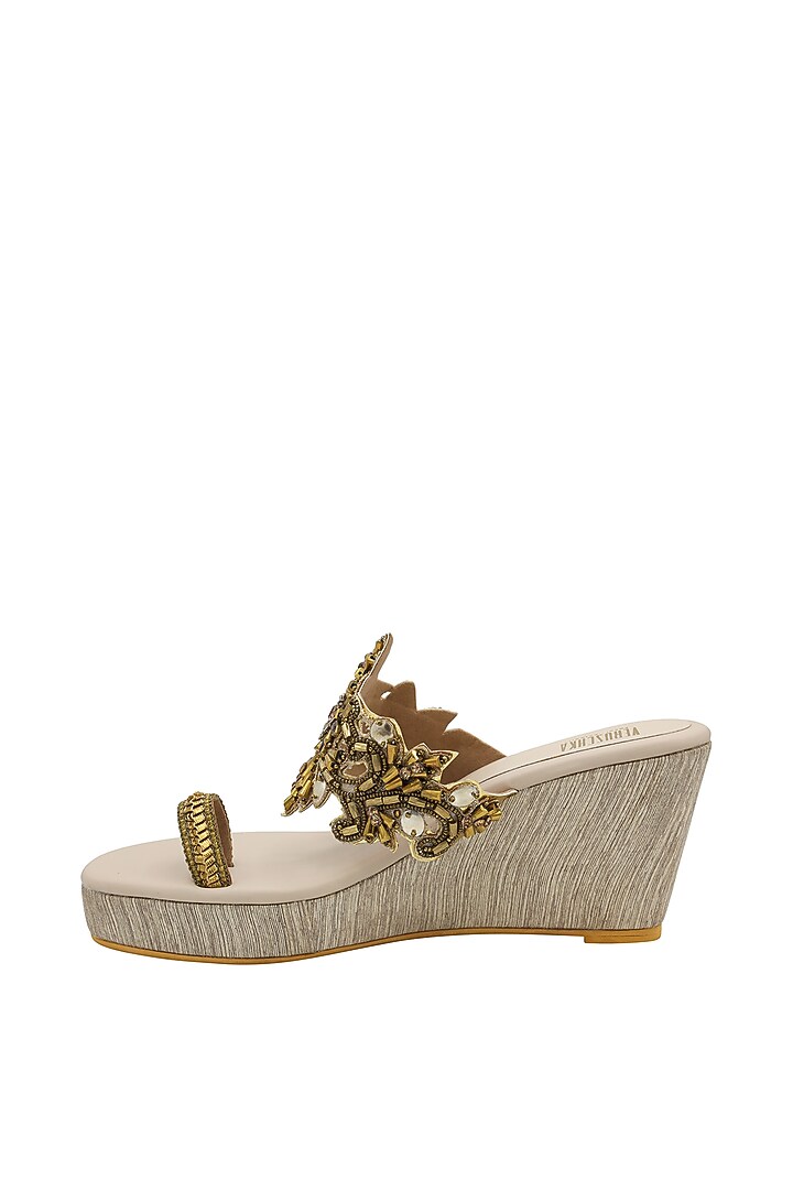 Cream & Gold Embroidered Textured Heel Sandals by Veruschka By Payal Kothari at Pernia's Pop Up Shop