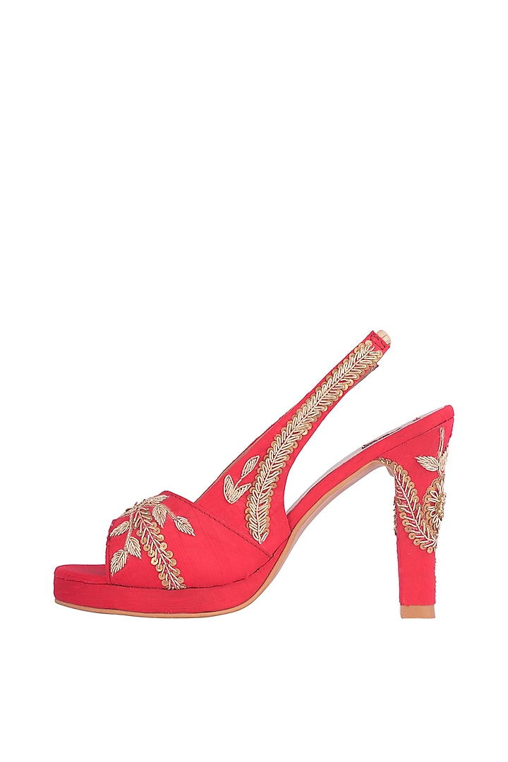 Red & Gold Embroidered Heel Sandals by Veruschka By Payal Kothari