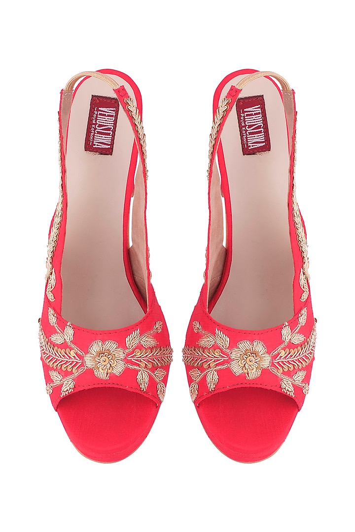 Red & Gold Embroidered Heel Sandals by Veruschka By Payal Kothari at Pernia's Pop Up Shop