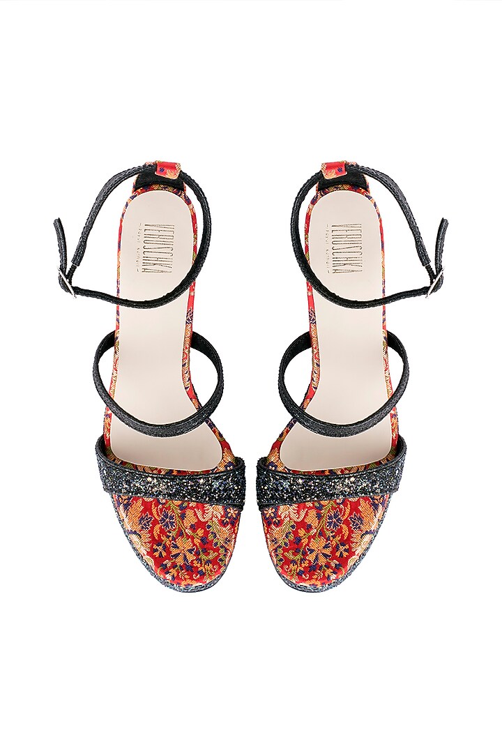 Black & Red Brocade Strappy Heel Sandals by Veruschka By Payal Kothari at Pernia's Pop Up Shop