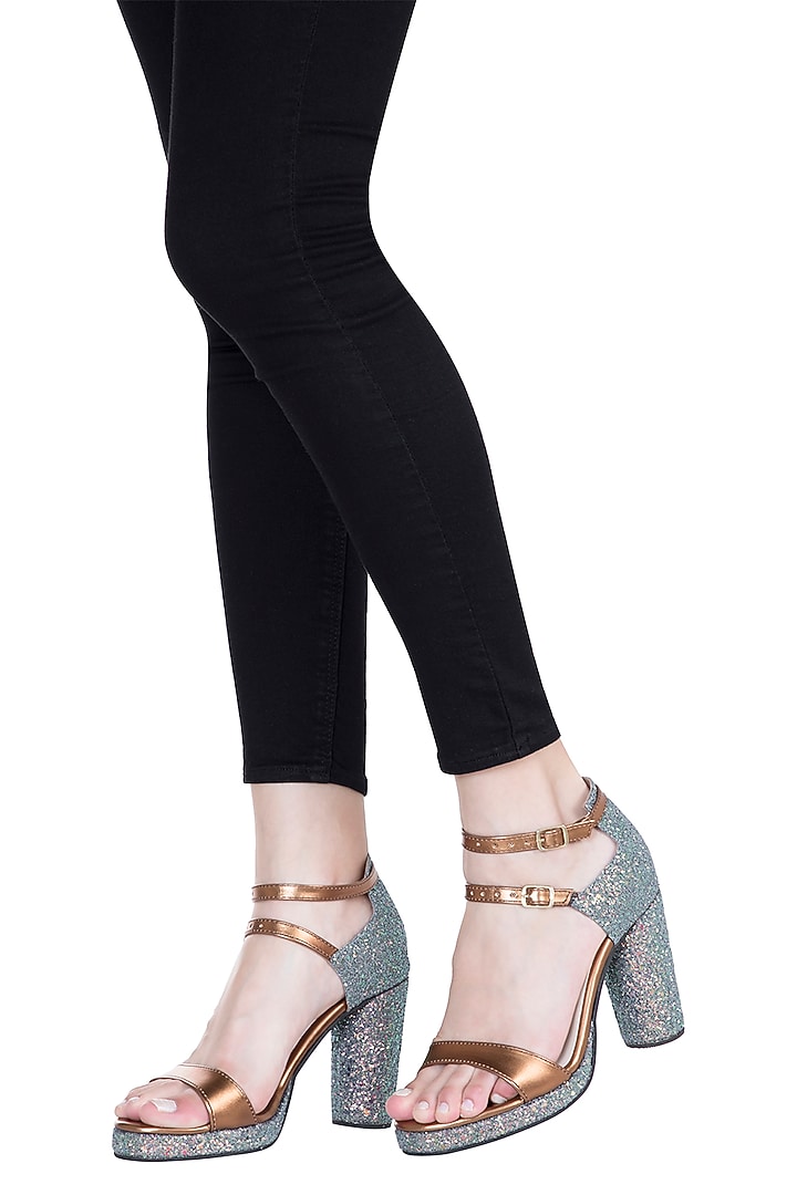 Bronze Green Glitter Heel Sandals by Veruschka By Payal Kothari at Pernia's Pop Up Shop