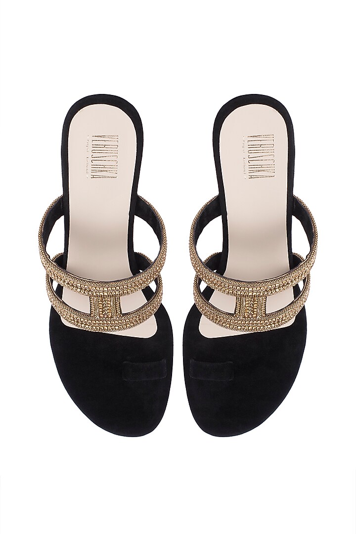 Black & Gold Embroidered Heel Sandals by Veruschka By Payal Kothari at Pernia's Pop Up Shop