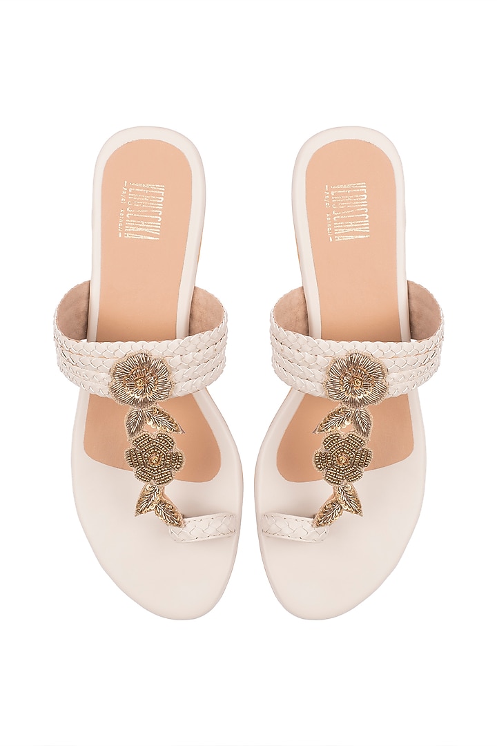 Cream & Gold Embroidered Flat Sandals by Veruschka By Payal Kothari at Pernia's Pop Up Shop