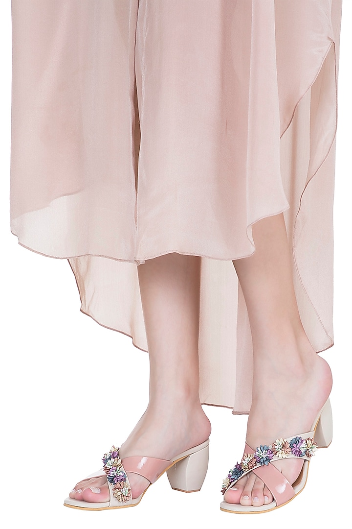 Cream & Pink Floral Heel Sandals by Veruschka By Payal Kothari at Pernia's Pop Up Shop