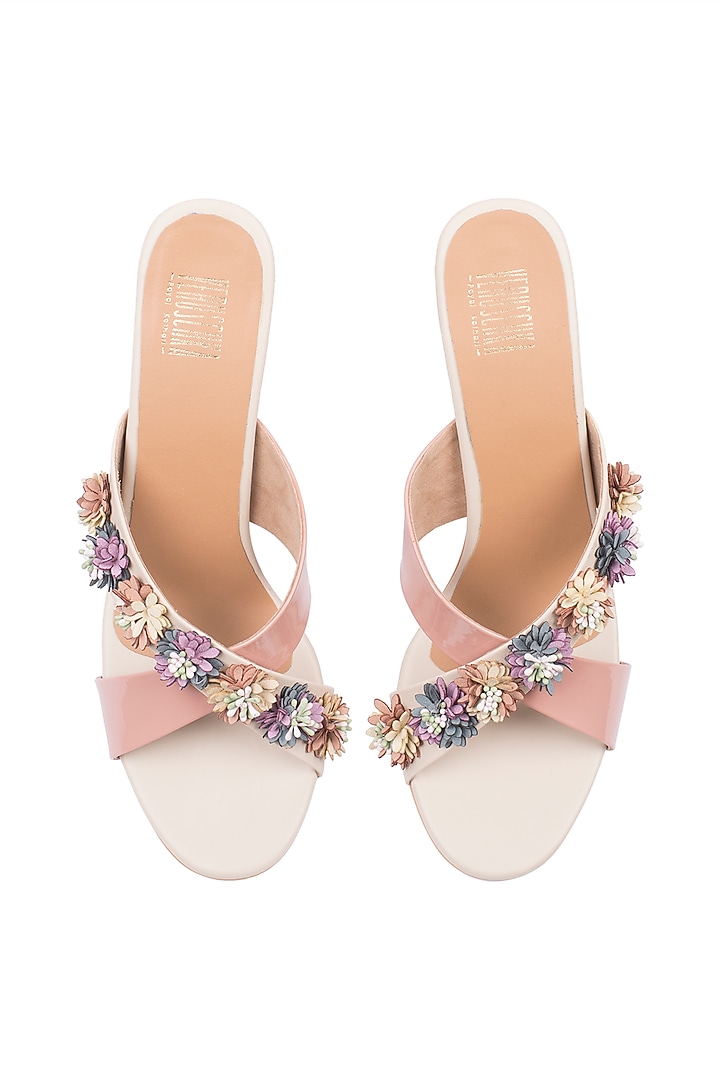 Cream & Pink Floral Heel Sandals by Veruschka By Payal Kothari at Pernia's Pop Up Shop