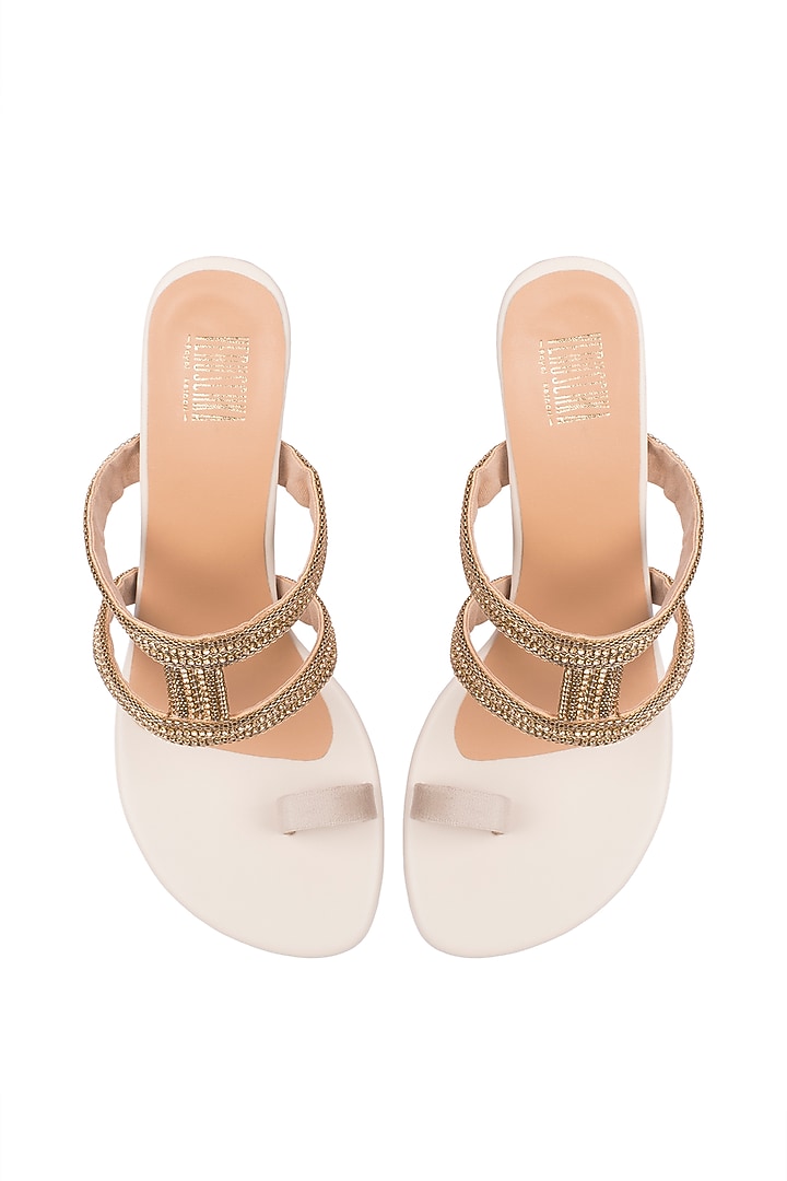 Cream & Gold Embroidered Heel Sandals by Veruschka By Payal Kothari at Pernia's Pop Up Shop