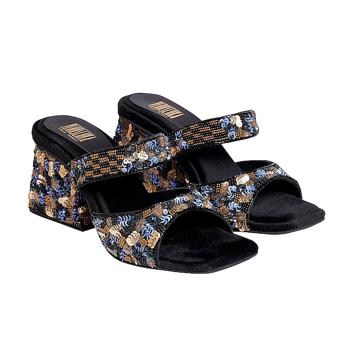 Black Clear PVC Sequins Embroidered Slip-On Sandals by Veruschka By Payal Kothari at Pernia's Pop Up Shop