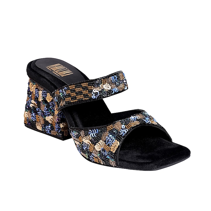 Black Clear PVC Sequins Embroidered Slip-On Sandals by Veruschka By Payal Kothari at Pernia's Pop Up Shop