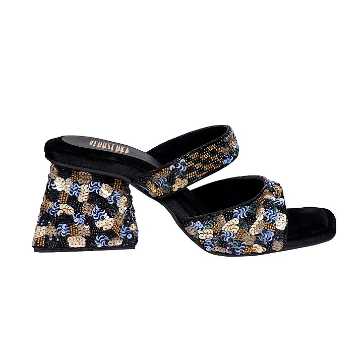 Black Clear PVC Sequins Embroidered Slip-On Sandals by Veruschka By Payal Kothari at Pernia's Pop Up Shop