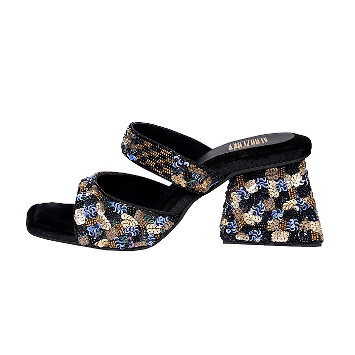 Black Clear PVC Sequins Embroidered Slip-On Sandals by Veruschka By Payal Kothari at Pernia's Pop Up Shop