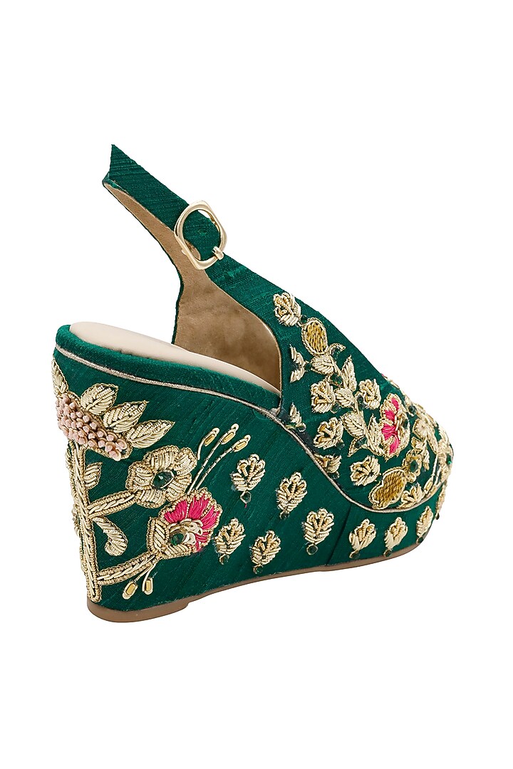 Deep Green Raw Silk Embroidered Peep-Toe Wedges by Veruschka By Payal Kothari at Pernia's Pop Up Shop