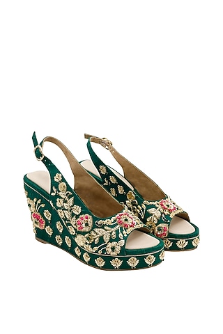 Deep Green Raw Silk Embroidered Peep-Toe Wedges by Veruschka By Payal Kothari