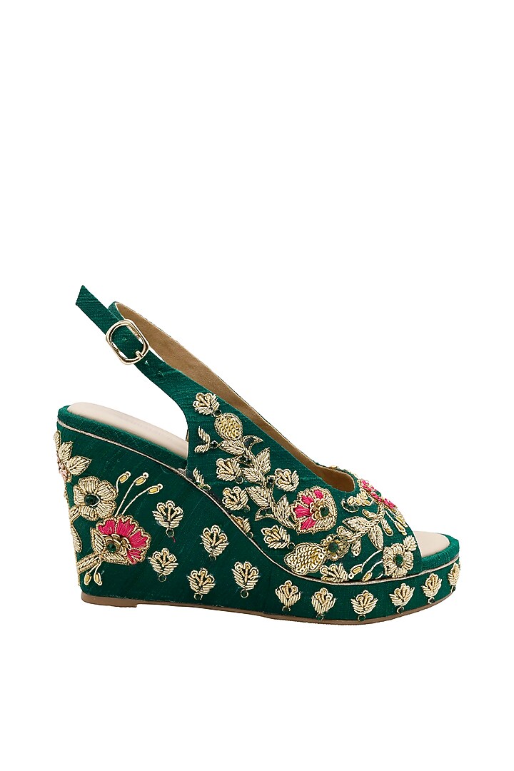 Deep Green Raw Silk Embroidered Peep-Toe Wedges by Veruschka By Payal Kothari at Pernia's Pop Up Shop