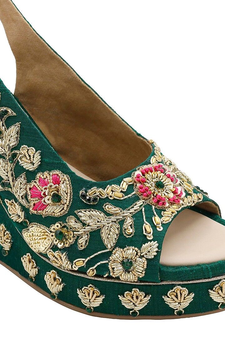 Deep Green Raw Silk Embroidered Peep-Toe Wedges by Veruschka By Payal Kothari at Pernia's Pop Up Shop