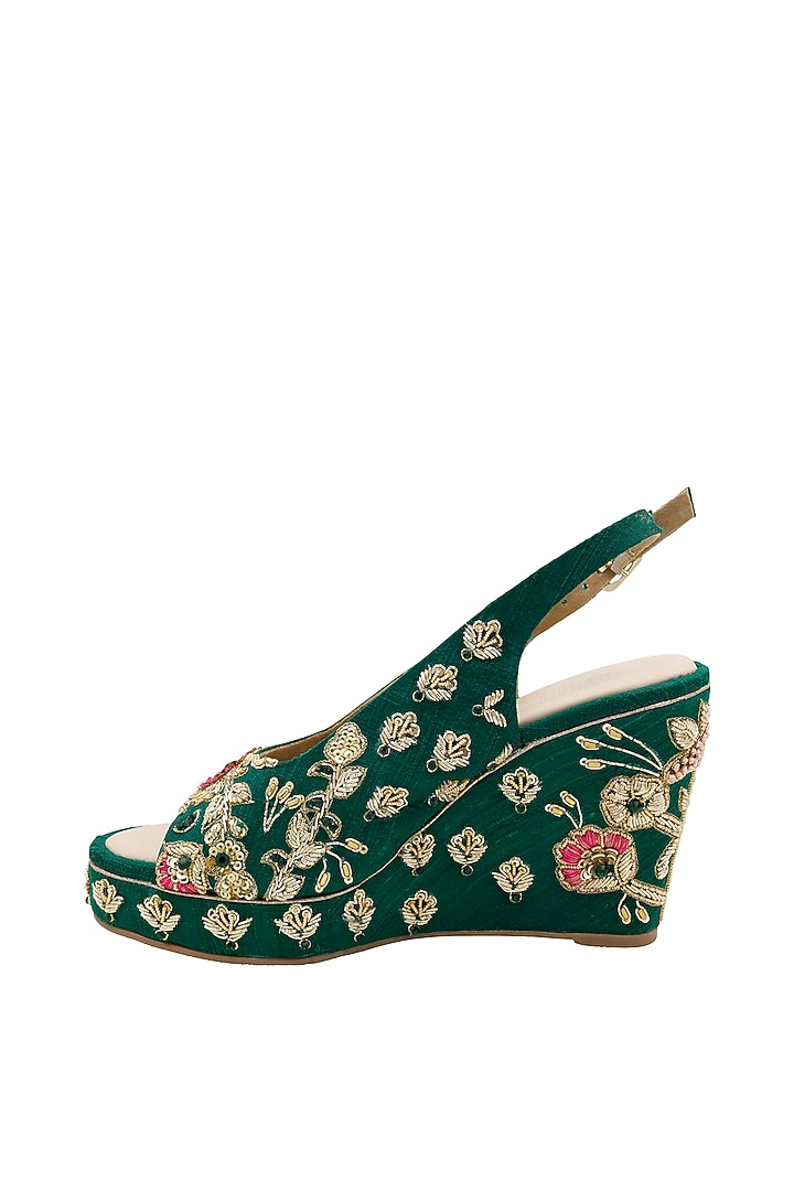 Deep Green Raw Silk Embroidered Peep-Toe Wedges by Veruschka By Payal Kothari at Pernia's Pop Up Shop