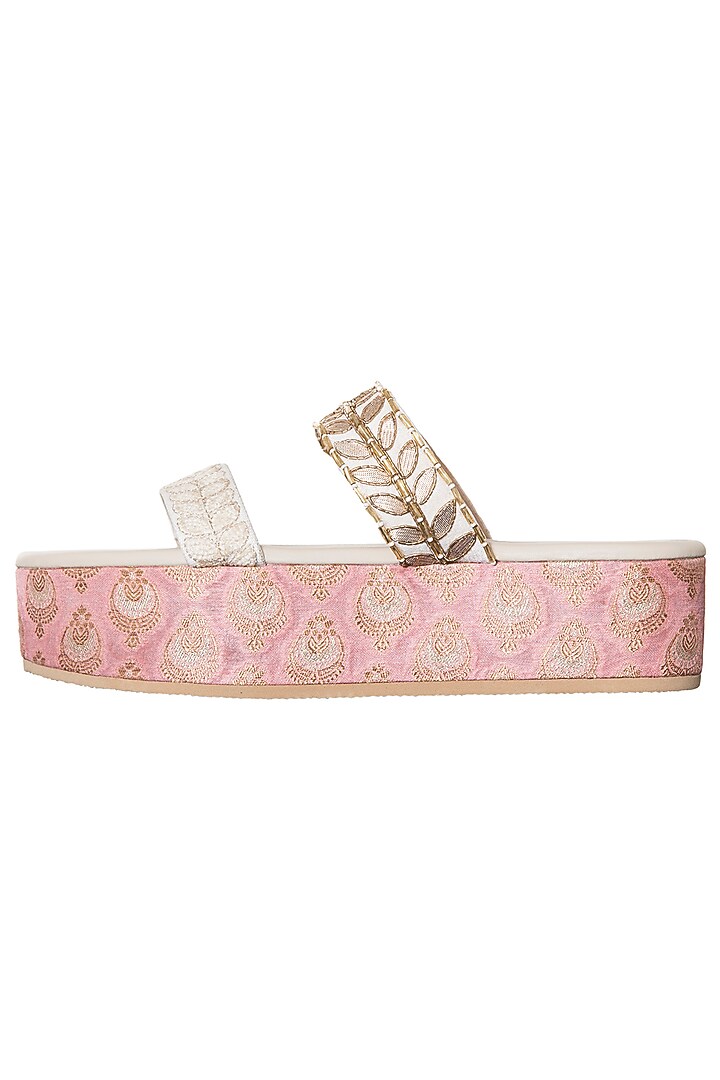 White and pink embroidered platform slipons available only at Pernia's Pop Up Shop.