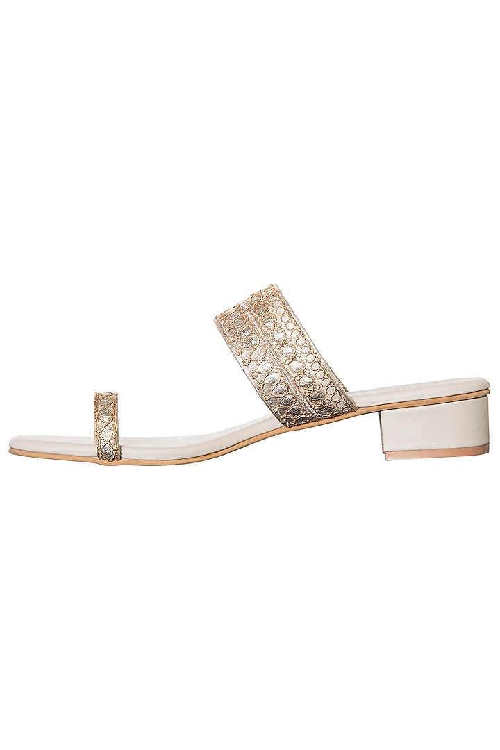 Beige embroidered kolhapuri heels available only at Pernia's Pop Up Shop.