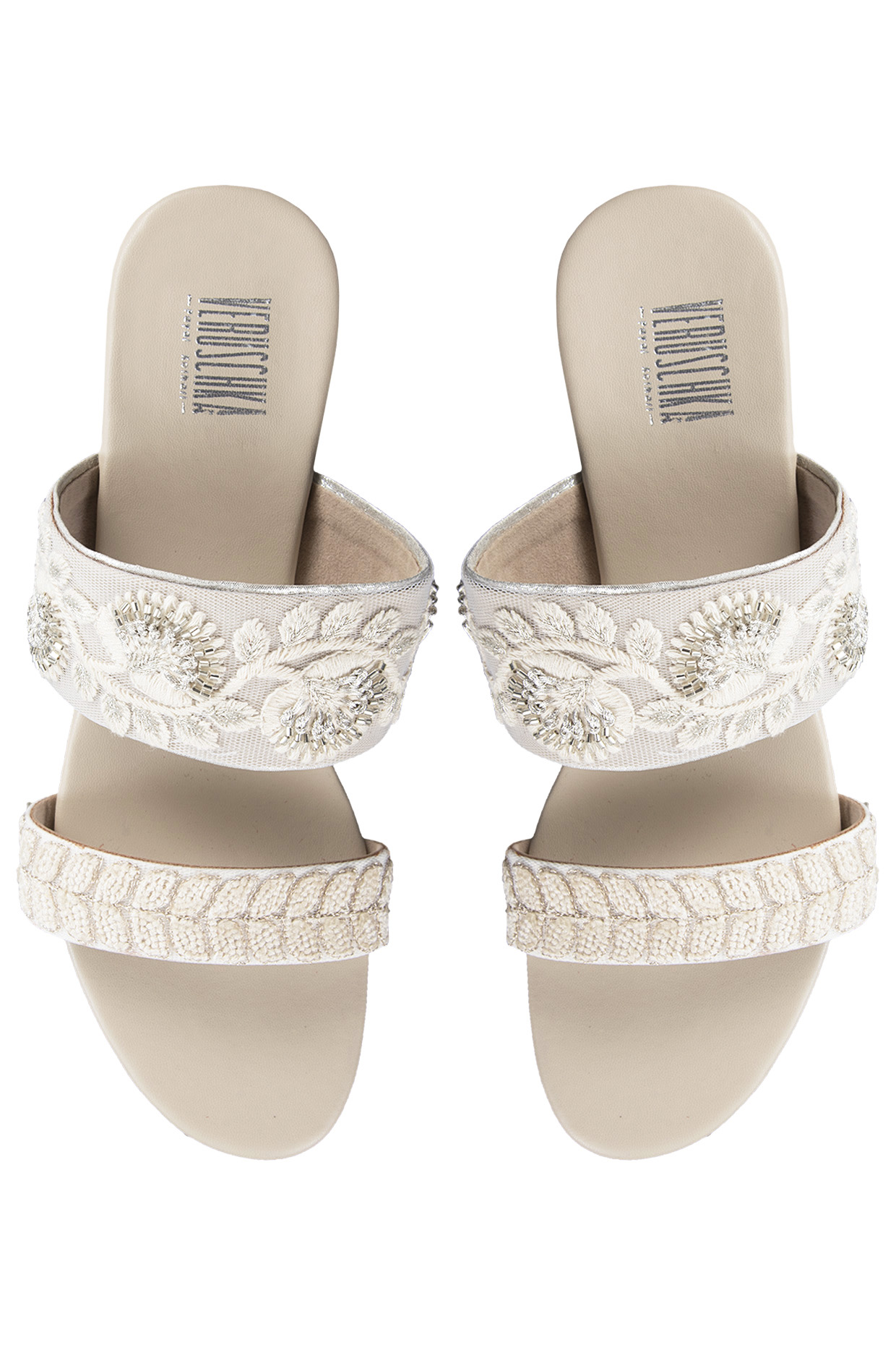 Cream and white embroidered block heel sandals available only at Pernia's Pop Up Shop.