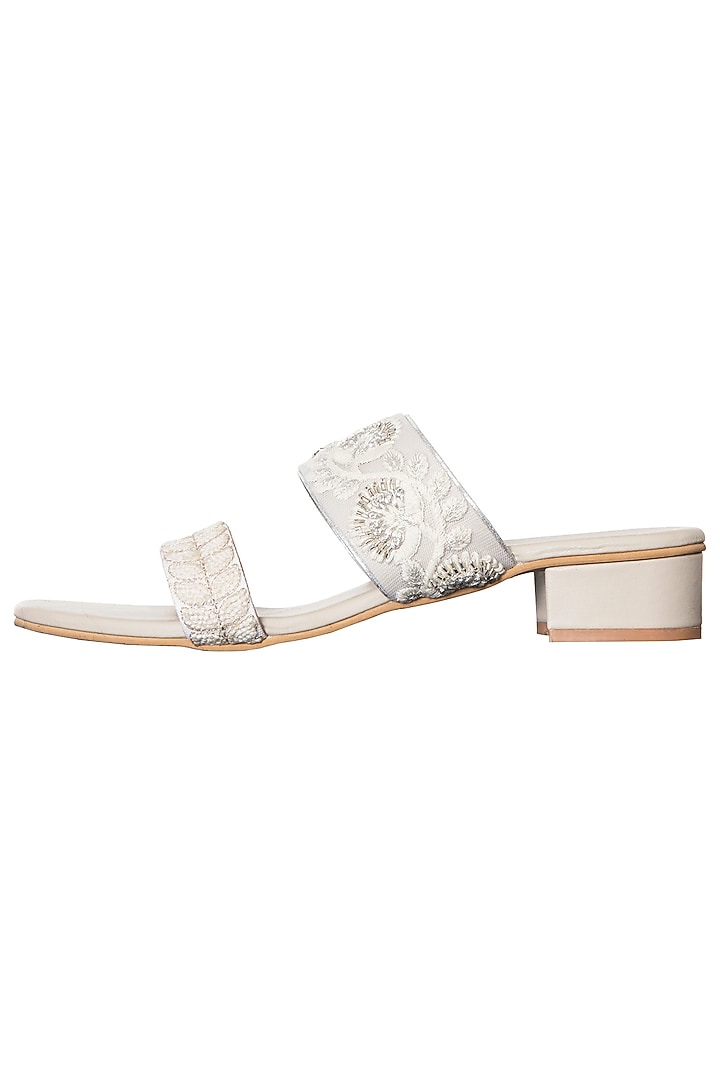 Cream and white embroidered block heel sandals available only at Pernia's Pop Up Shop.