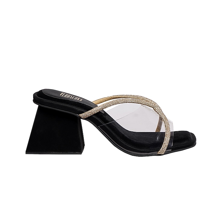 Black Micro Suede Slip-On Heels by Veruschka By Payal Kothari at Pernia's Pop Up Shop