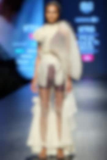 White Sheer Top With Pants, Crop Top & Shorts by Vaishali S at Pernia's Pop Up Shop