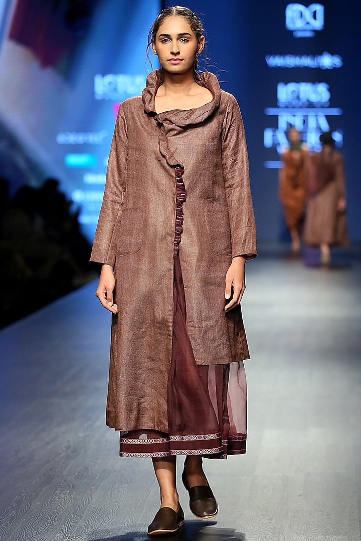 Brown Coat Style Dress With Sheer Skirt by Vaishali S