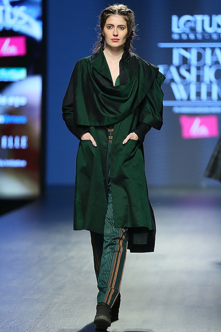 Dark Green Cami Top With Striped Pants & Overcoat by Vaishali S