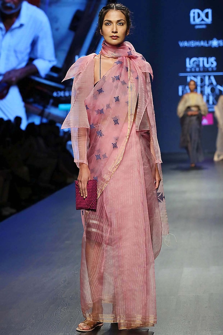 Baby Pink & Pink Handwoven Saree Set by Vaishali S